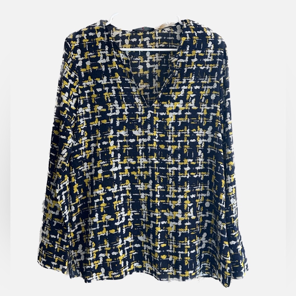 Carolina Herrera Blue Yellow Silk long sleeve Abstract Blouse